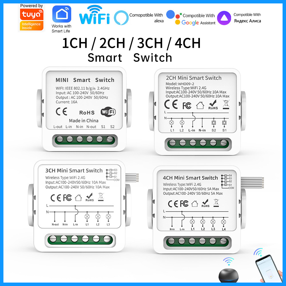 Smart Home Google Assistant - สวิตช์อัจฉริยะ Tuya WiFi 1/2/3/4 ช่อง 4