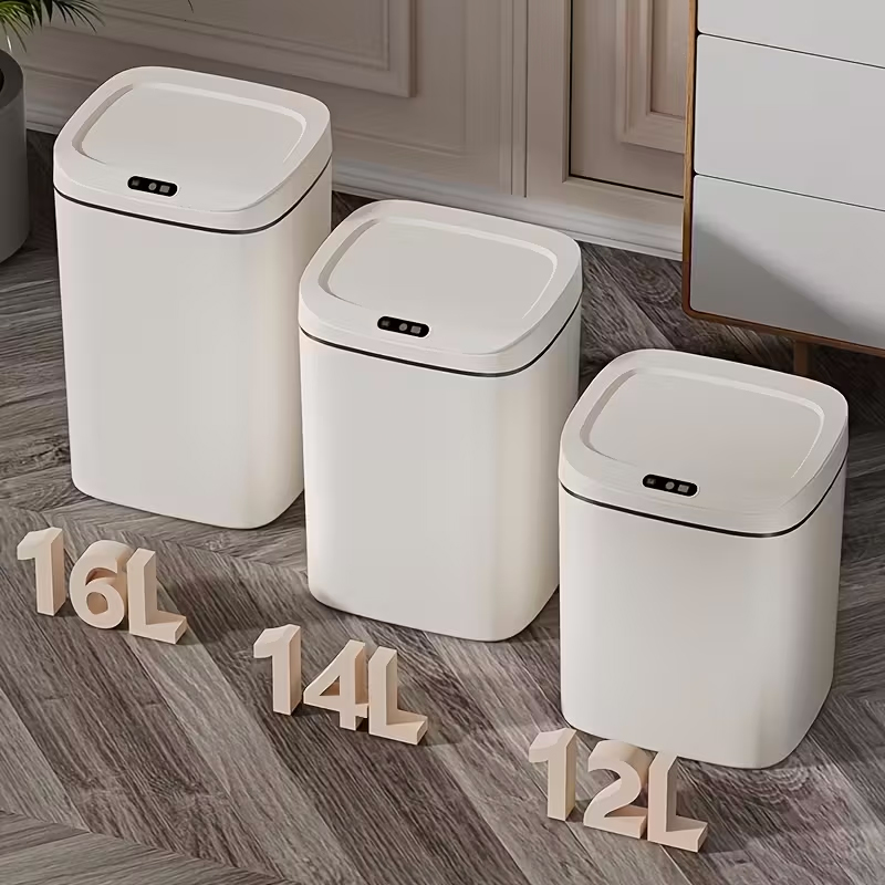 Smart Home Junkie - ถังขยะอัจฉริยะพร้อมเซ็นเซอร์ตรวจจับความเคลื่อนไหว 1 แพ็ค แบบไม่ต้องสัมผัสพร้อมฝาปิด, ถังขยะอัจฉริยะพลาสติกทรงเพรียวบางกะทัดรัด, ฝาปิดแบบไร้รอยต่อ,