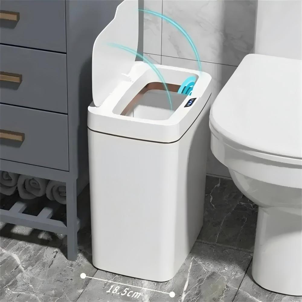Smart Home Junkie - ถังขยะอัจฉริยะแบบไร้สัมผัส 15 ลิตร สีขาว – ถังขยะอิเล็กทรอนิกส์สำหรับห้องน้ำพร้อมระบบใส่ถุงอัตโนมัติ
